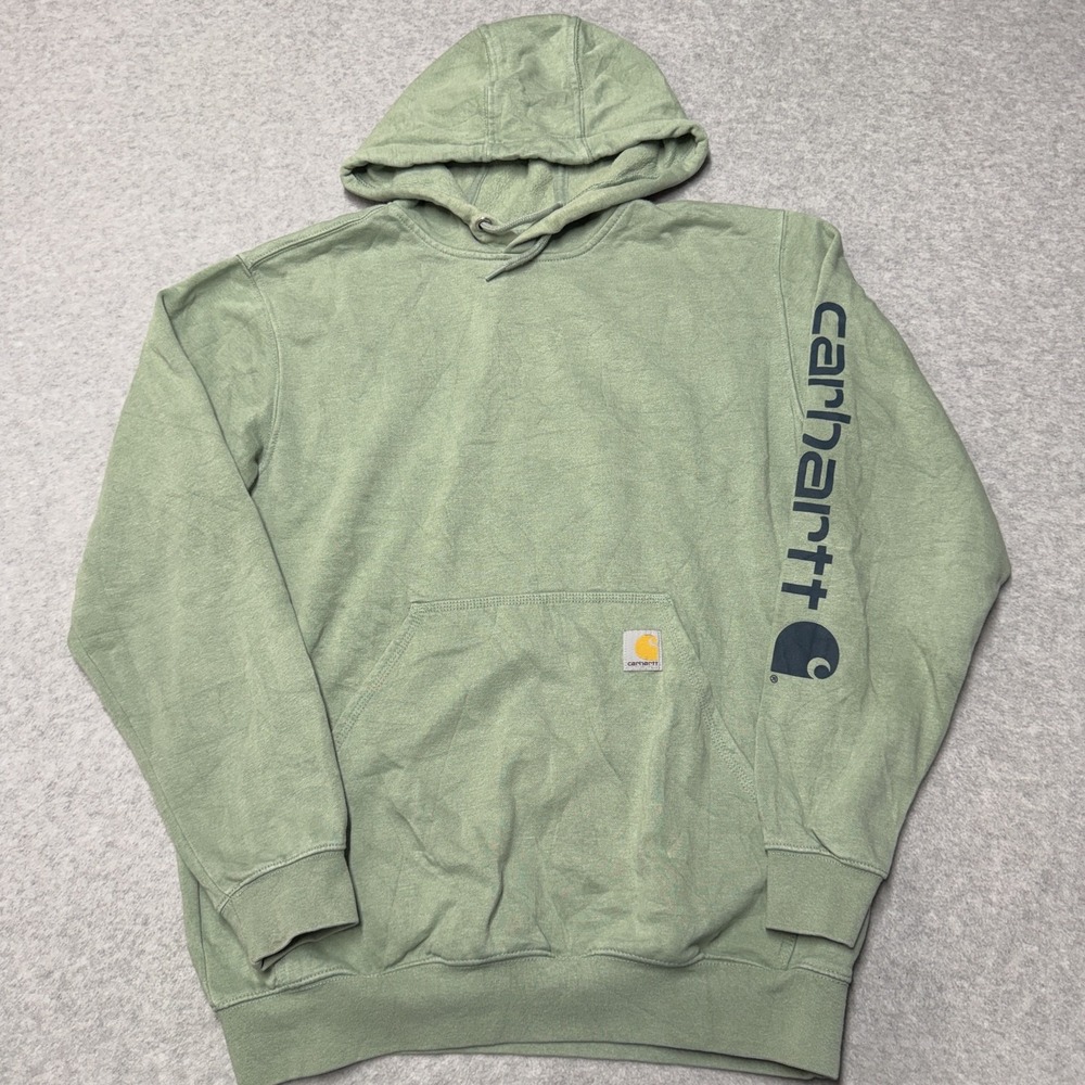 Carhartt Hoodie Mens Medium Green Loose Fit Logo Fleece Pullover Sweatshirt